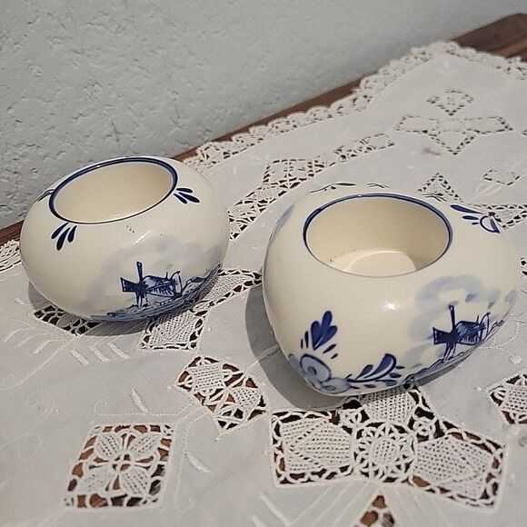 Pair Vtg Dutch Delft Blue Floral Tealight Candle Holders Holland Heart & Round - Picture 2 of 16